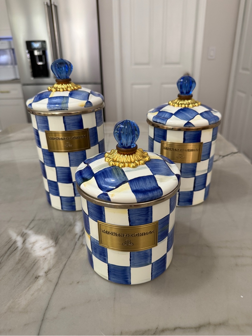 MacKenzie-Childs Blue & White Check Canister with Gold Accents